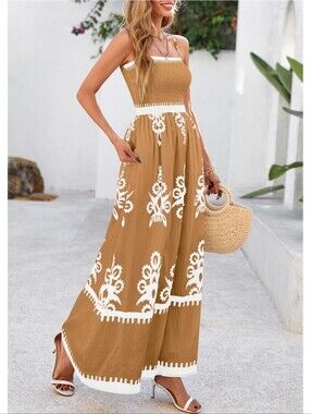 PRETTYGARDEN Womens Floral Sundress Spaghetti Strap Flowy Boho Maxi Dress, Khaki